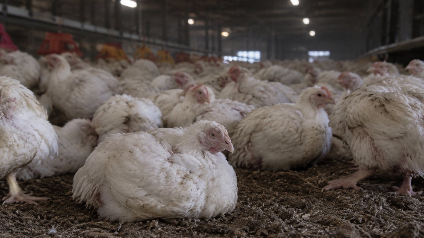 AI-generated illustrative scene of broiler chickens living close together on the floor of an indoor poultry barn
